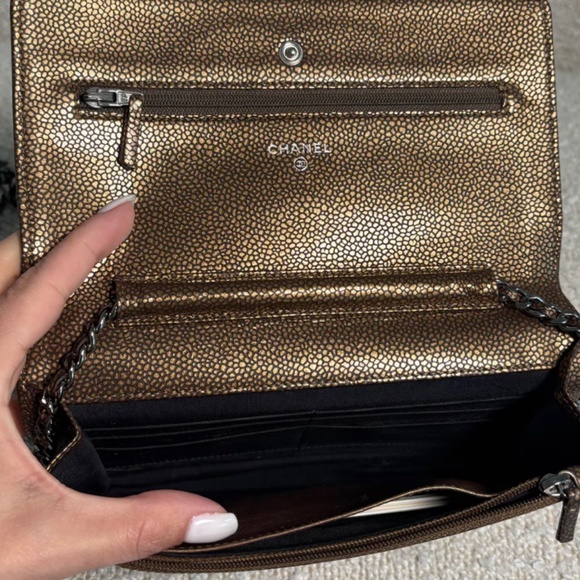 Authentic Chanel Gold Bronze Metallic Caviar Timeless Wallet on Chain Double CC - Picture 6 of 13